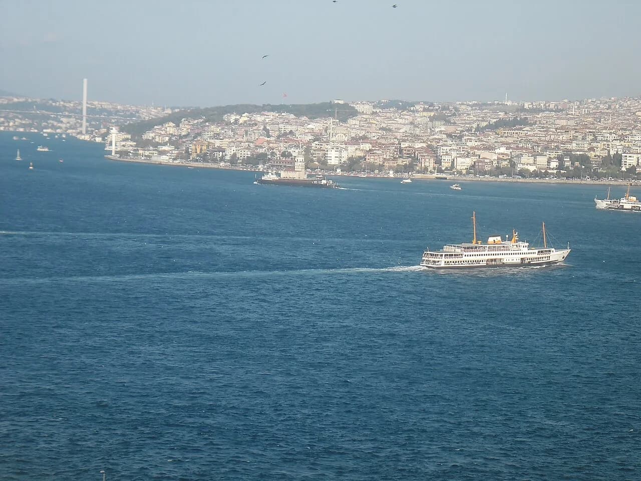 Boats and shoreline buildings along the Bosphorus in Istanbul